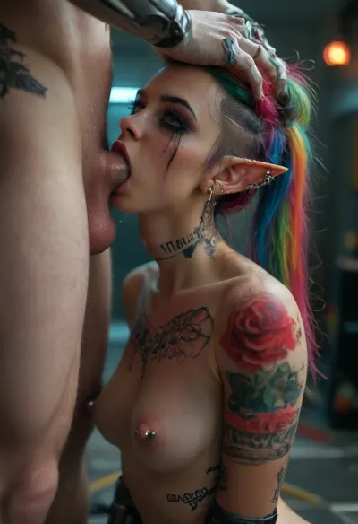 Cinematic still, ((punk elf)), ((very rough forced deepthroat with white man:1.8)), (insanely beautiful:1.5), (pointed ears), (submissive:1.5), gorgeous, ((slim:1.4)), freckles, perfect round breasts, dark makeup, eyeliner, eyeshadow, mascara, (very long eyelashes), slim waist, nude, (she has cyborg arm:1.3), (piercings:1.5), (colourful body tattoos:1.5), (long pink punk hairstyle:1.3), striking facial features, ((blue eyes:1.7)), narrow face, wet skin, kneeling, (spittle dripping:1.2), (dark cyberpunk room:1.5), (((looking directly to the viewer))), (ruined makeup:1.3), (ruined hairstyle:1.3), (devot:1.5), 4k epic detail, shot on kodak, 35mm photo, sharp focus, high budget, cinemascope, moody, epic, film grain, grainy, score_9, score_8_up, score_7_up, rating, explicit, big_eyes, but, detailxl, Punk, 3lf, woman, portrait, blue, hair, ponytail, jewelry, <lora:style_lora_realis:1.4>, <lora:BUT_SDXL_SHS:1.4>, <lora:SDXLHighDetail_v6-000005:1.4>, <lora:Punk_Elf:1.4>, <lora:detailer-xl:1.4>