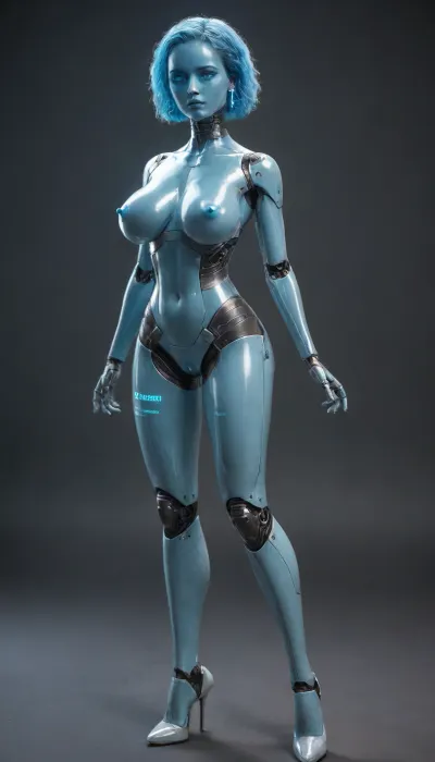 Large robot, huge robot breasts, robot, droid, sci-fi, premium material, robot breasts, plastic plating, vagina=usb port, robot head, long robot legs, heels, blue body parts, futuristic, smooth design, white aluminum, tall robot, aluminum nipples, hairless, robotbreasts functioning like waterjugs, digital led smiley, led interface head, functional nipples, holographic face, transparent mechanical breasts, glass breasts, holographic breasts, thick, beautiful face