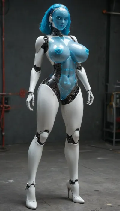 Large robot, huge robot breasts, robot, droid, sci-fi, premium material, robot breasts, plastic plating, vagina=usb port, robot head, long robot legs, heels, blue body parts, futuristic, smooth design, white aluminum, tall robot, aluminum nipples, hairless, robotbreasts functioning like waterjugs, digital led smiley, led interface head, functional nipples, holographic face, transparent mechanical breasts, glass breasts, holographic breasts