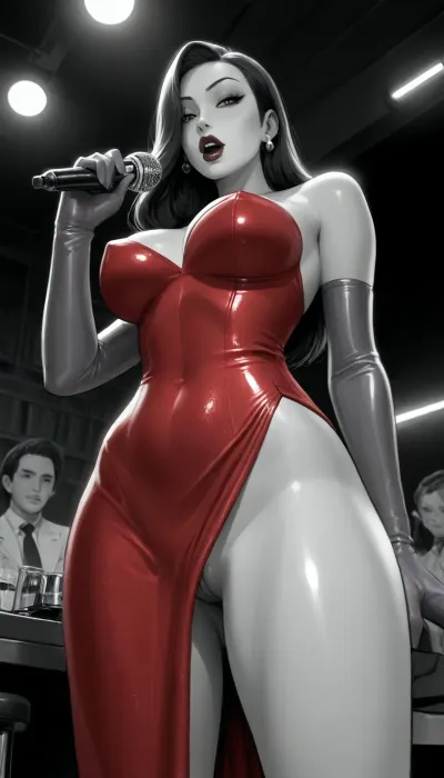 Score_9, score_8_up, score_7_up, ((reiq style)), masterpiece, best quality, high resolution, hires, score_9, score_6_up, (Jessica Rabbit:1.4), incase, style, ratatatat74, solo, view from below, close up, red dress, hourglass body, wide hips, thick thighs, purple arm-length gloves, eyes looking at viewer, detailed pupils, standing, singing, vagina, detailed, dark, nightclub, (MONOCHROME:2), <lora:ratatatat74-000050:1.3>