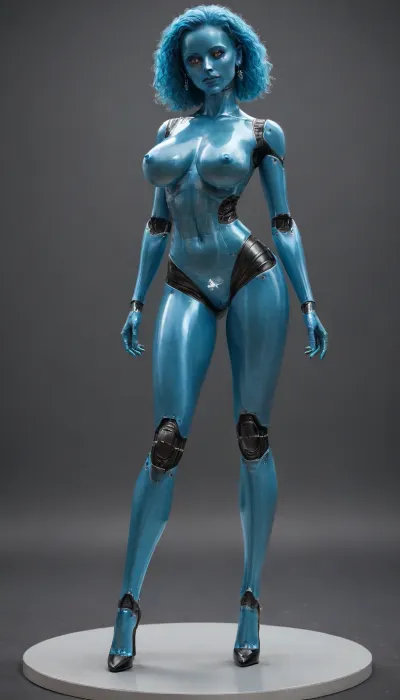 Large robot, huge robot breasts, robot, droid, sci-fi, premium material, robot breasts, plastic plating, vagina=usb port, robot head, long robot legs, heels, blue body parts, futuristic, smooth design, white aluminum, tall robot, aluminum nipples, hairless, robotbreasts functioning like waterjugs, digital led smiley, led interface head, functional nipples, holographic face, transparent mechanical breasts, glass breasts, holographic breasts
