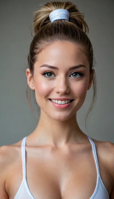 From the front, Headshot, 105mm lens. large breasts, realistic face, athletic body, modern style, slight overbite, smiling, (single extra long high ponytail), the ponytail extends to her lower back, no bangs., (her eyes are blue), . wearing solid white panties, perfecteyes, <lora:PerfectEyesXL:.8>, <lora:add-detail-xl:.8>