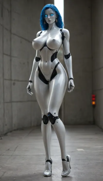 humanoid robot, naked, thick, tall, huge robot breasts, long legs, oiled, hyper robot solo, robot legs, heeled, sci fi blue boobs, led face, aluminum body, beautiful face, elite battle-robot, robot boobs, cute advanced, streamlined, sexy design, premium quality, full premium aluminum body