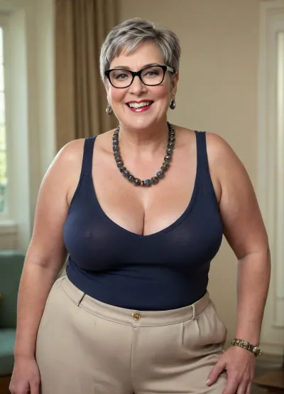 60 year old obese woman, cleavage, oversized horn rim glasses, soft lighting, smile, makeup, (((full body))), (((()))), (sheer), trousers, (()), ((ugly)), (((chunky necklace))), pixie cut
