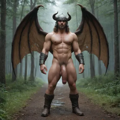 Full body nude. Muscular and nude medieval man. He as one helmet on his head. He as enormous dragon wings. He is standing with a chest armor. He has a smooth pubic area and a huge dick. he has braids in his long beard. he firmly holds a large war hammer in the air whit onde hand. He is on a foggy forest with little light.