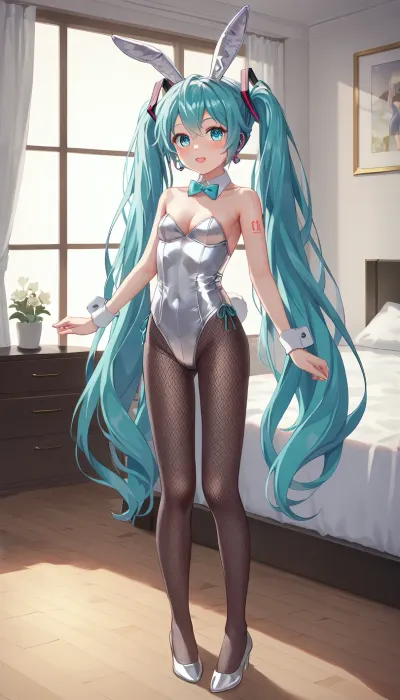 hatsune miku dressed as a bunnygirl, full body, silver bunny ears, silver bunny girl suit, silver highheels, black fishnet stockings, white wristcuffs, turquoise bowtie, bedroom, night time, (negative_v2, Color_Balance_Calibration:.8), medium, gradient