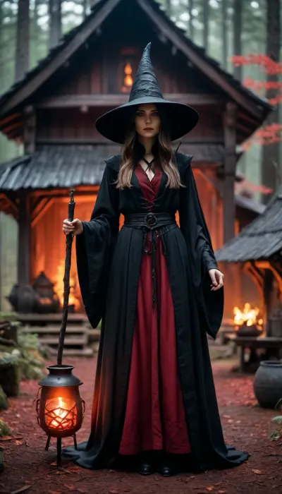 High fantasy witch in a tight, (matte black robe), and pointed hat, the robe remains pure black, holding a wand, standing in front of an ancient wooden hut in a dark forest, preparing, (glowing red potion), in, (iron cauldron), (red mist), and magical sparks, magical mist, dramatic cinematic lighting, sharp focus, epic fantasy art, DonMD34thM4g1c4tt1r3XL, hkdeath, <lora:DonMD34thM4g1c4tt1r3XL-000008:.9>, <lora:LivingDeathXL:1.3>, <lora:EnvySorceressXL01:1.2>