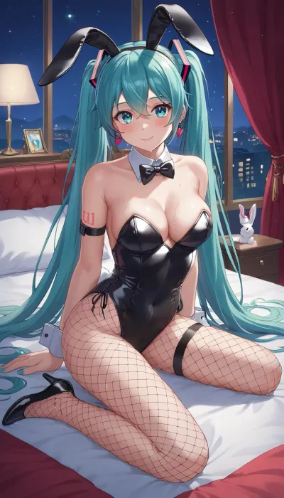 hatsune miku dressed as a bunnygirl, full body, black bunny ears, black bunny girl suit, black highheels, black fishnet stockings, white wristcuffs, black bowtie, bedroom, night time, (negative_v2, Color_Balance_Calibration:.8), medium, gradient