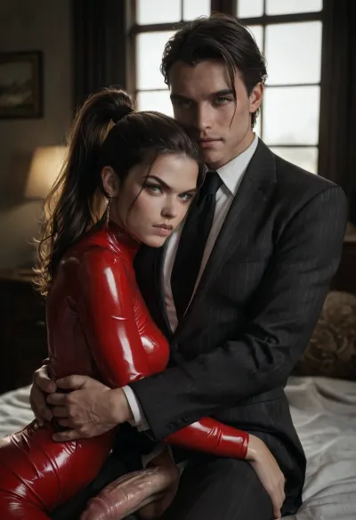 Full room in view, big window behind, depth of field, 1 man with 1 woman, couple, hetero, (((1muscular angry male in suit is on bed in modern bedroom beside the sexy lady hugging the lady))), 25 year old lady, The tiny petite brunette lady in sexy latex catsuit, brunette hair in high ponytail, full view of lady, man has big fully erect cock. 12-inch cock, Veiny cock, big testicles, woman is gripping the man, s cock, handjob, looking directly at me, eye-contact, romantic_couple_poses, looking, at, viewer, <lora:dark:.5>, <lora:looking_at_viewer:.8>
