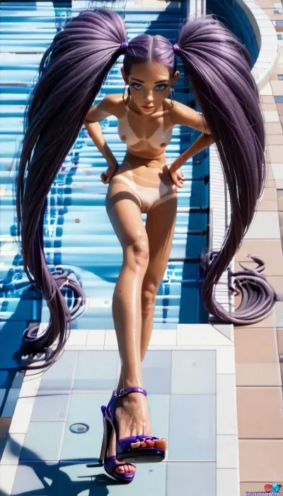 Naked, tanned skin, (no tan lines:1.2), (Extremely upturned, perfectly round, firm breasts:1.5), (very skinny long leged girl:1.4), horny expression, light oiled, no tan lines, perfect skin, light blue eyes, (skinny tall long leged:1.6), 18 years old naked slut, (very skinny, tall slut:1.3), very slutty makeup, beautiful, gorgeous, stunning, (deep purple hip long hair, two sided hip long ponytails:1.6), pool background, naked, (standing:1.2), (hyper high Plateau pumps, gigantic high heels:1.3), (full body view, View from very low down, close to the feet, looking upwards:1.6)