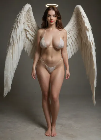 18 yo evil angel with wings, white bikini, Very long red peekaboo hair, lusciuous red lips, empty dark studio, femme fatale, bare feet, thick dark pubic hair, curvy, masterpiece, beautiful, sensuous, solitude, alone, saggy large breasts, sagging, breasts, angel, <lora:sagging-000015:1.6>, <lora:SDXL1.0正式版-黑天使-Alpha1_Alpha1:1.6>