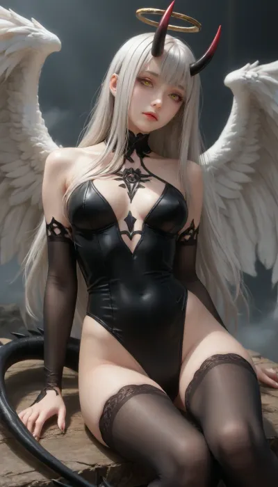 (best quality:1), (masterpiece:1), beautiful, sadako yamamura short legs, short torso, miniature body, age regresión, solo, girl demon, sadako yamamura super long bang, chin-length bangs, white hair, glowing eyes, pale skin, light armor suit, black wings, claws, black succubus body paint, dragon tail, beautiful_face, partially illuminated, long eyelashes, moonlight, very long white hair, big, wings, short body, fight pose, ((white succubus with, dark angel wings on back, demon horns, high black horns, black oni horns, dragon tail)), black dragon tail, yellow eyes, large black dragon tail, huge dragon tail, light armor, black succubus suit, black bodysuit sucubbus, (wide open yellow eyes:1), (slim), fit body, (dragon arms and hands:1.2), high detailed photo, best shadow, hyper detailed shadow, Gorgeous sexy angel wide black wings spread behind his back, against the background of the sky and white clouds, high dark stockings, closed legs, ultradetailed, black horns, oni horns, sweaty skin, black angel wing, very big wing, very huge wing, black oni horns, white eyebrows, distressed face, black wing, very long hair, kawaii delicate, detailed, Low-key, lighting, Style, dim, light, dramatic, partially, covered, anime, kd-shiraori, <lora:add-detail-xl:2>, <lora:underanglexl16:2>, <lora:anime_sdxl_v1:.9>, <lora:kd-shiraori-V02-000003:.6>