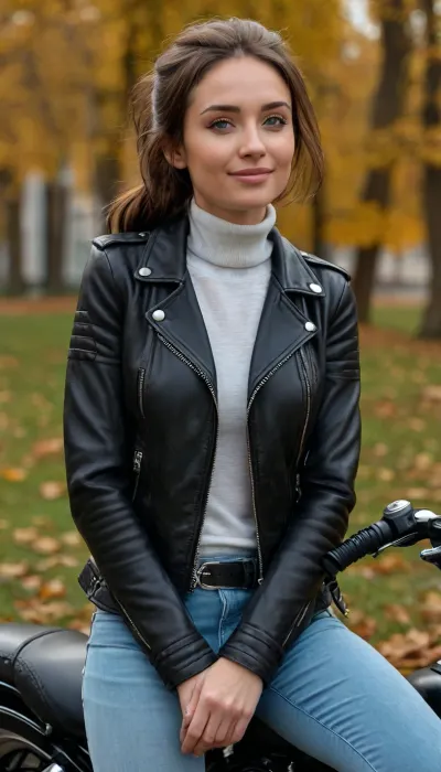 masterpiece, (best quality:1.2), Moscow, Gorky Park, 35 year old woman, Angela Jolly, smiling, (black leather biker jacket, Black baggy velvet turtleneck, light blue skinny jeans:1.4), outdoors, longest brown hair, hair pulled back in a tight ponytail, knitted hat, green eyes, in a sunny cold autumn bohemian castle park, photorealism, she is relaxing on a bench, flat chested, down vest, down jacket, sitting behind the wheel of a Harley-Davidson motorcycle, <lora:style_lora_realis:.5>, <lora:flat_chested_v3.5:.5>