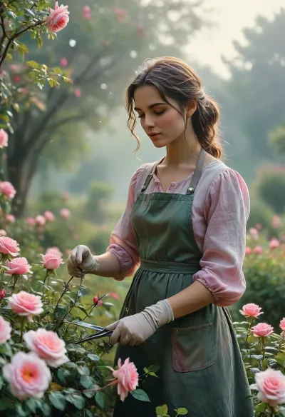 (watercolor style image), score_9, score_8_up, score_7_up, 4K sfw image of a, (female gardener), one of her hands hold scissors, perfect hands and fingers, ((trimming roses)), in an old park, she wears an apron, she also wears gardening gloves, a serene garden landscape at dawn, with soft washes of pink and purple hues in the sky, delicate green and pink washes for the roses in the garden, morning mist, and trees emerging from fog — watercolor, wet-on-wet technique, inspired by Claude Monet, Cinematic lighting, details, watercolor painting style, high detail, bokeh, <lora:add-detail-xl:1>, <lora:MJ52:1.5>