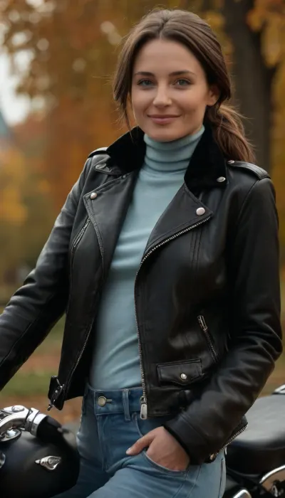 masterpiece, (best quality:1.2), Moscow, Gorky Park, 35 year old woman, Angela Jolly, smiling, (black leather biker jacket, Black baggy velvet turtleneck, light blue skinny jeans:1.4), outdoors, longest brown hair, hair pulled back in a tight ponytail, knitted hat, green eyes, in a sunny cold autumn bohemian castle park, photorealism, she is relaxing on a bench, flat chested, down vest, down jacket, sitting behind the wheel of a Harley-Davidson motorcycle, <lora:style_lora_realis:.5>, <lora:flat_chested_v3.5:.5>