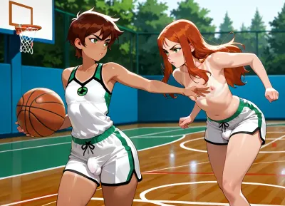 mjw2023, 2girls, 8k, best quality, jack Cayless, trending on arstation, tomboy, diminutive body, passing a basketball in the air, masterpiece, topless, sportsbra tanline, sports shorts, penis bulge in shorts, chubby, skin pores, detailed skin, cartoon, 5 fingers, bangs. long auburn hair, flat chest, green eyes, determined, ((penis bulge)), playing basketball, she practices shooting the ball with her friend in an outdoor empty lot, pickup basketball game, chestpass, shooting the basketball, jumpshot, shooting freethows, perfect basketball form, dynamic, action, naked, nude, nsfw, lewd, (/Ben10), /, (ultra, HD, quality, details), (green, eyes)