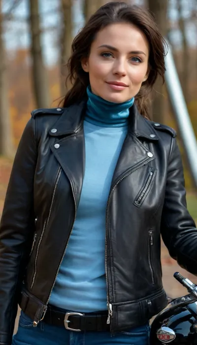 masterpiece, (best quality:1.2), Moscow, Gorky Park, 35 year old woman, Angela Jolly, smiling, (black leather biker jacket, Black baggy velvet turtleneck, light blue skinny jeans:1.4), outdoors, longest brown hair, hair pulled back in a tight ponytail, knitted hat, green eyes, in a sunny cold autumn bohemian castle park, photorealism, she is relaxing on a bench, flat chested, down vest, down jacket, sitting behind the wheel of a Harley-Davidson motorcycle, <lora:style_lora_realis:.5>, <lora:flat_chested_v3.5:.5>