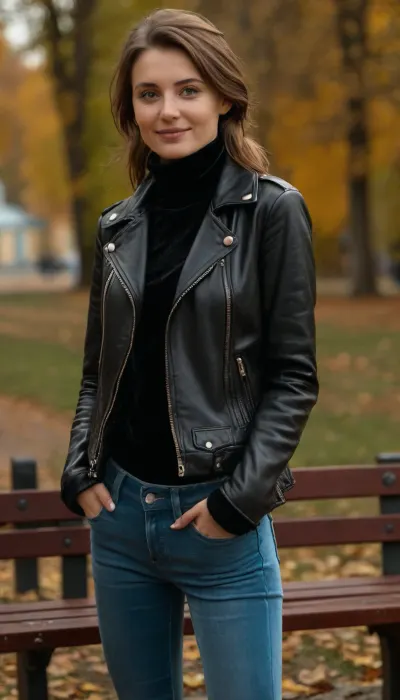 masterpiece, (best quality:1.2), Moscow, Gorky Park, 35 year old woman, smiling, (black leather biker jacket, Black baggy velvet turtleneck, light blue skinny jeans:1.4), outdoors, longest brown hair, hair pulled back in a tight ponytail, knitted hat, green eyes, in a sunny cold autumn bohemian castle park, photorealism, she is relaxing on a bench, flat chested, down vest, down jacket, <lora:style_lora_realis:.5>, <lora:flat_chested_v3.5:.5>