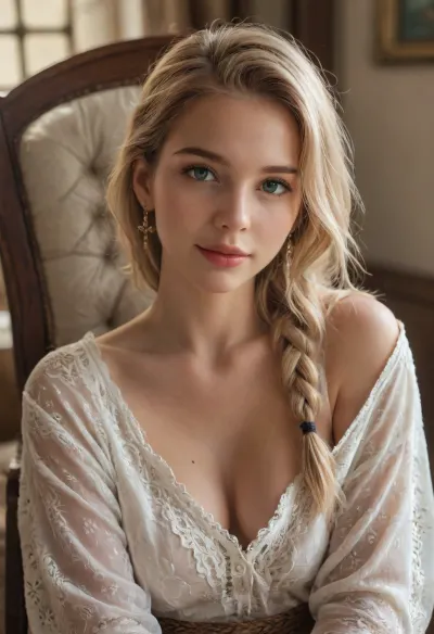 1girl, solo, indoors, velvet_chair, Celes from Final Fantasy VI, sitting_cross_legged, floral_top, fair_skin, blonde_hair braided, green_eyes, parted_lips, soft_smile, warm indoor lighting, blurred neutral backdrop, cinematic portrait, photorealistic detail, 4ng3l, face, <lora:SDXL_BetterFaces-LoRA_v1:2>