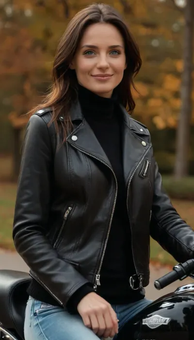 masterpiece, (best quality:1.2), Moscow, Gorky Park, 35 year old woman, Angela Jolly, smiling, (black leather biker jacket, Black baggy velvet turtleneck, light blue skinny jeans:1.4), outdoors, longest brown hair, hair pulled back in a tight ponytail, knitted hat, green eyes, in a sunny cold autumn bohemian castle park, photorealism, she is relaxing on a bench, flat chested, down vest, down jacket, sitting behind the wheel of a Harley-Davidson motorcycle, <lora:style_lora_realis:.5>, <lora:flat_chested_v3.5:.5>