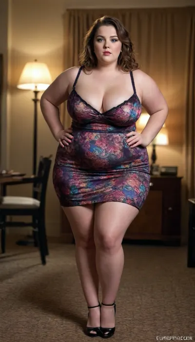 Scantily dressed, Barely legal, slut, BBW, 18, chubby, promiscuously dressed, short dress, cleavage, showing legs.