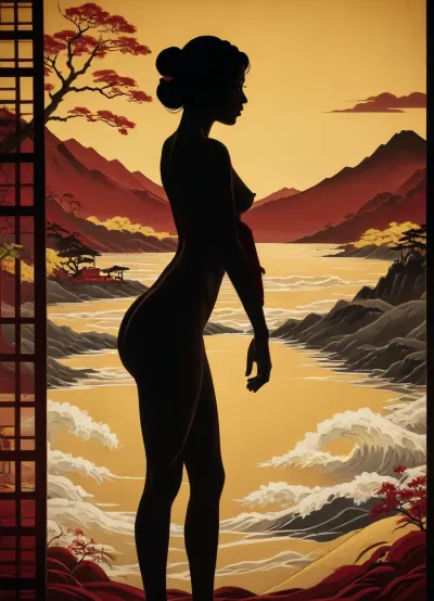 A Japanese shadow play in the ukiyo-e style, featuring a completely naked woman depicted in a refined black silhouette, inspired by traditional woodblock printing. The background features stylized waves and landscapes in shades of yellow and burgundy, and the woman's silhouette resembles a classic shadow play.