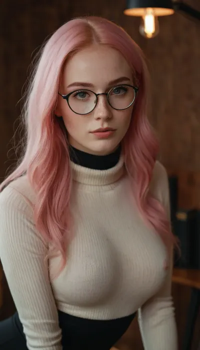 Female russian teacher 20 yers old, Without freckles, with glasses and choker, straight long pink hair, pale skin, sexy pose, perfect lighting, ultra realistic, 8k resolution, ultra detailed, instagram model, professional photography, exposed breasts, Teacher uniform, turtleneck sweater, black stockings, medium chest, nordic, playful, freckled face, slim body, lifelike face, real face