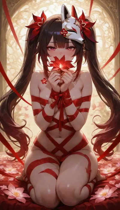 1girl, solo, A young woman named Sparkle, yes, Sparkle from Honkai Star Rail poses completely naked with ribbons tied around her feet . her hair big twin tails, with tips dyed red . masterpiece, high, quality, amazing, cinematic, sparklehsr, red color palette, ornaments, mole, under, both, eyes, string, flower, tattoo, neck, bell, fox, mask, on, head, butterfly-shaped, pupils, <lora:Sparkle_Animagine_v030:1.666>