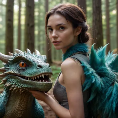 beautiful woman with friendly furry dragon-like creature in the forest, <lora:Fur:.8>