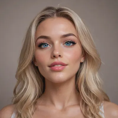 Beautiful girl's face. Model. 18 years old. Kind. Sexy. Bimbo. Whore. Bitch. Cute. Big blue eyes. Big eyelashes. Small, neat nose. Huge full lips. Happy smile. Small eyebrows. Regular features. Long hair.