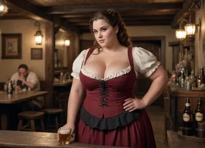 a tall slim thick bbw woman, barmaid wench, pulling beers in a old tavern, big chested, wench clothing, breasts almost poping out a clothes, low cleavge, full body image