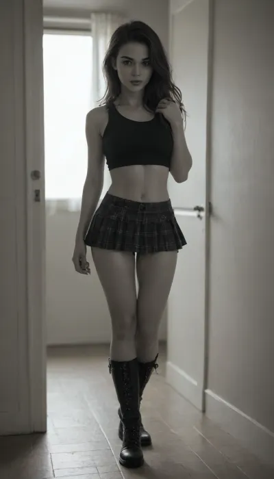black and white line a room, <lora:SDXL_Black_White_Room_Sa_May:.5>, hhpointedboots, boots, <lora:hhpointedboots:.8>, microskirt, extremely, short, skirt, <lora:MicroSkirt_XL:.8>