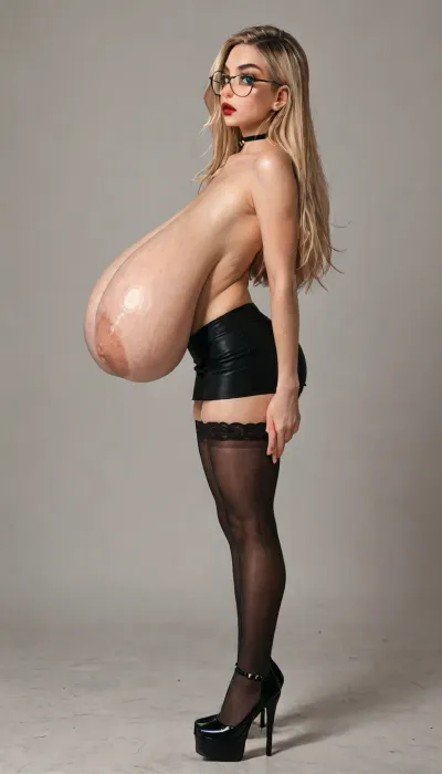 masterpiece, best quality, (photorealistic:1.2), ultra-detailed, 8k resolution, highly detailed skin and textures, score_9, score_8_up, score_7_up, insanely hot blonde 18yo office slut who looks much younger, very petite, very tight skinny body, long straight blonde hair with black roots falling from shoulders to ankles, freckles on nose, big round glasses, red lipstick, choker, topless, strict side profile, pure side view, 90 degree side angle, standing in perfect profile, body turned exactly sideways to camera, viewed strictly from the side, profile shot, standing straight upright, straight posture, neutral spine, no arching back, no bending forward, no leaning, erect posture, shoulders relaxed, standing tall with perfect alignment, legs straight and together, (((gigantic sagging pendulous JJ-cup breasts:1.7))), (saggy breasts:1.5), (hanging breasts:1.4), (droopy breasts:1.4), extremely heavy drooping breasts hanging low and downward in side profile, massive pendulous sag, long breasts affected by gravity, breasts pointing straight down due to weight, huge underboob visible from side, extreme sideboob and sternal gap emphasized, drooping heavily in profile, sagging pendulous gigantic breasts hanging naturally low to waist level, absurdly tiny red pleated microskirt barely covering hips, black stockings reaching almost to pussy level with visible garter belt under skirt, stockings pulled high nearly touching pussy, no panties, pussy lips visible from side in profile view, side upskirt, (((15-inch ultra high stiletto heels:1.7))), (extreme fetish platform stilettos:1.6), impossibly tall 15 inch heel height with massive thick platform sole 5-6 inches, towering extreme height stilettos making legs look endless, exaggerated fetish high heels, ballet-style extreme platform heels, detailed heel structure and shine, submissive aroused expression, slightly open mouth, (big green eyes with eyeliner looking forward or slightly back over shoulder at viewer:1.1), cum on face and lips, toned skinny legs, toned arms, visible abs, anorexic tiny waist contrasting with massive hanging breasts, full body side view, cinematic soft rim lighting highlighting curves droop and textures, realistic proportions, intricate details, (Reiq style:1.1), (Jack Cayless art style:1.1), (Melkor Mancin style:1.1), (Mark Gavatino style:1), detailed skin imperfections, <lora:LCMTurboMix_Euler_A_fix:1.4>, <lora:ratatatat74-000050:1.8>, <lora:mk_Bp Anime_xl:1.2>, <lora:SDXLSamDoesArts:1.6>, sagging, breasts, <lora:sagging-000015:.8>