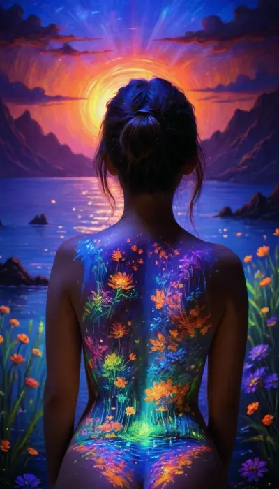 blacklight uv painted on the back of a girl depicting art in the style of monet, <lora:bl4ckl1ghtxl:.5>