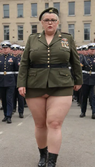 middle aged, ((56 year old:1)), OBESE woman, overweight, very big boobs, shaved pussy, gray hair, ((wrinkled face:1)), high cheekbones, black lipstick, black makeup, SHAGGY TITS, SHAGGY BELLY, red transparent lace bra, military uniform, cap, ((without skirt)), ((without panties)), ((very long boots:1.1)), belt, full figure visible, outdoor, military police, realistic image, ultra HD, 8k, veinyonez, chubbyonez, matureonez, sagging, breasts, <lora:realboobzXL:.8>, <lora:sagging-000015:.8>