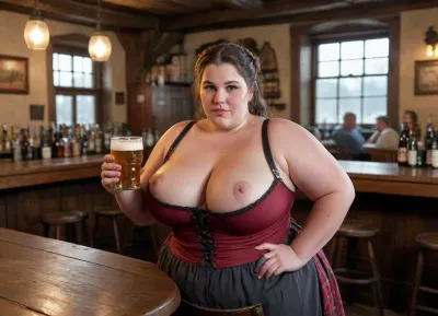 a thick ssbbw woman, barmaid wench, pulling beers in a old tavern, big chested, breasts almost poping out a clothes, low cleavge, full body image