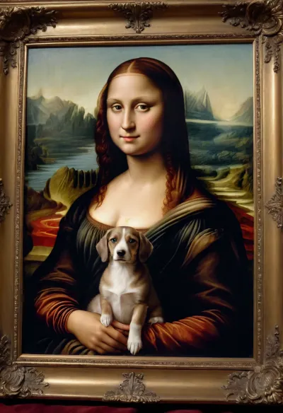 Renaissance, Renaissance painting, Renaissance art, a painting in a gilded frame depicting Mona Lisa sitting on Leonardo da Vinci's lap, a painting in the style of Renaissance painting