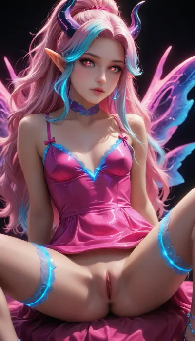 Charming girl, (charming red eyes, bright glowing pupils:1.5), Charming petite girl, (Multicolour green Hairstyle), (charming eyes, bright glowing pupils:1.1), (flatchest:1.1), Image of a skinny woman, side view, sharp silhouette, slim body, perky breasts, taut stomach, visible abs, sexy pose, hands behind her back, ponytail, Dark background creating the impression of fog. High contrast, bright backlight, Score_9, score_8_up, score_7_up, reiq meets markgavatino and melkor mancin artstyle, pastel pink dragon wings with blue membrane, pastel pink and blue draconic horns that curve back gracefully, exuding sexual energy, horny, flushed face, blushing hard, thick luxurious pastel hair, pastel hair, hyper hair, colossal hair, hair fetish, colossally long hair, hair down to the ground with purple and blue highlights, multicoloured blue and purple accents, long elven ears, long well manicured nails, very beautiful realistic pussy, (neon glowing dress, sexy dress, glossy pink dress), Sexy lingerie with suspenders, lace stockings, cameltoe, (tan linies:1.2), (oiled skin:1.2), (naked pussy no panties:1.2), (elastic hips, lace garter belt, lace thigh high, glowing coarse-mesh nylon fishnet stockings), (Spreading legs:1.8), symb10ic, filaments, ribbons, tendrils, light, streaks, <lora:SymBIOic:2>, <lora:neon_style:2>, <lora:ebonysplash-000005:2>