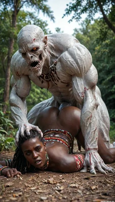 8k, score_9, score_8_up, score_7_up, FILM PHOTOGRAPHY STYLE, Aloy Horizon Zero Dawn, huge black man, (pretty pale-skinned amateur white woman:1.3), doggy style sex, outdoors, African tribal village, ritual of a naive white foreigner, white woman fucked by a black African man, deep vaginal penetration, fucked from behind, doggy style from behind, giant black man on white woman, gigantic black man fucking a white woman from behind, face down, ass up, (interracial sex:1.39), (older, huge African tribal king with a huge, monstrous, thick, veiny, and wide penis:1.38), black man fucks the most beautiful pale-skinned blonde European tourist from behind, the black king has a huge penis and is much bigger and stronger than the pale-skinned amateur European woman, all naked, tribal outfit, realistic feet, realistic hands, facial details, mouth details, pale-skinned woman dominated by a black man, (side view:1.3), fucks in front of the whole tribe, full body view, <lora:detailed_notrigger:2>, <lora:LCMTurboMix_Euler_A_fix:1>