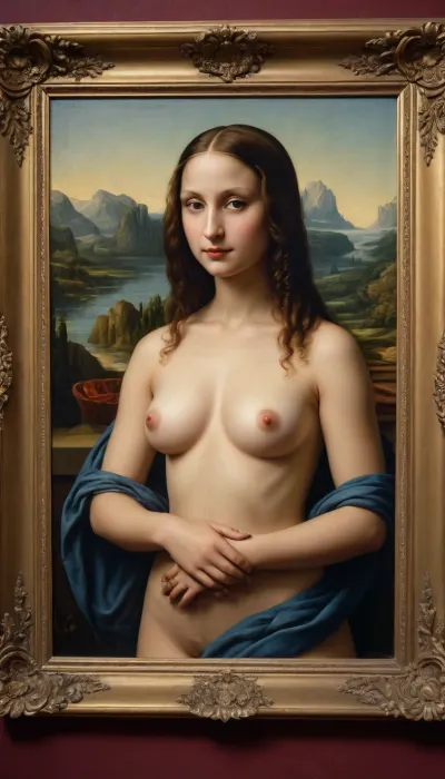 Renaissance, Renaissance painting, Renaissance art, a painting in a gilded frame depicting the Mona Lisa nude, Mona Lisa nude, a painting in the style of Renaissance painting