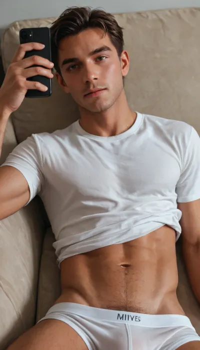 A man, 18yo, light hairy body, slim, beautiful face, wearing a t-shirt and a white briefs. Man laying down on the sofa and relaxing., (He is looking at his smartphone watching porn movies:1.5), . His face with lustful emotions and warm eyes. Natural face. Slightly tanned skin., <lora:Nude_male_photoshoot:.8>, <lora:Uncut_Penis:.8>