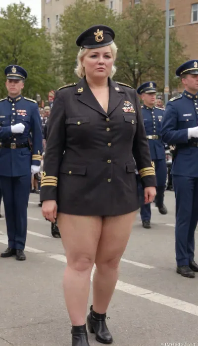 FAT 58-year-old European woman, shaggy boobs, shaved pussy, blond hair, wrinkled face, high cheekbones, black lipstick on thin lips, black makeup, ((buttoned Military parade jacket:1.5)), buttoned up on the tits, officer's peaked cap, ((without skirt:1.5)), NO PANTIES, long boots, belt, full figure visible, outdoor, prisoners of war, realistic image, ultra HD, 8k, ((daylight)), HD, true colors, detailed portrait. No blur, ultra HD photorealistic full height 8k, (holding, with, mouth), megachubsdxl, morbidly, obese, SaggySlimXL, uhang, yhang, <lora:megachubsdxl_13:.5>, <lora:updated_saggy_slim:.8>