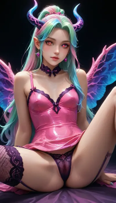 Charming girl, (charming red eyes, bright glowing pupils:1.5), Charming petite girl, (Multicolour green Hairstyle), (charming eyes, bright glowing pupils:1.1), (flatchest:1.1), Image of a skinny woman, side view, sharp silhouette, slim body, perky breasts, taut stomach, visible abs, sexy pose, hands behind her back, ponytail, Dark background creating the impression of fog. High contrast, bright backlight, Score_9, score_8_up, score_7_up, reiq meets markgavatino and melkor mancin artstyle, pastel pink dragon wings with blue membrane, pastel pink and blue draconic horns that curve back gracefully, exuding sexual energy, horny, flushed face, blushing hard, thick luxurious pastel hair, pastel hair, hyper hair, colossal hair, hair fetish, colossally long hair, hair down to the ground with purple and blue highlights, multicoloured blue and purple accents, long elven ears, long well manicured nails, very beautiful realistic pussy, (neon glowing dress, sexy dress, glossy pink dress), Sexy lingerie with suspenders, lace stockings, cameltoe, (tan linies:1.2), (oiled skin:1.2), (pussy in transparent panties:1.2), (elastic hips, lace garter belt, lace thigh high, glowing coarse-mesh nylon fishnet stockings), (Spreading legs:1.8), symb10ic, filaments, ribbons, tendrils, light, streaks, <lora:SymBIOic:2>, <lora:neon_style:2>, <lora:ebonysplash-000005:2>, <lora:Colorful Hair Slider_alpha1.0_rank4_noxattn_last:2>, <lora:detailed_notrigger:2>