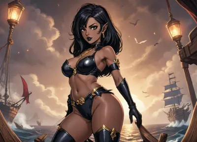 (2d sketch:1.3), 1girl, (rear view), from behind, (full body), (ass view), solo female, standing confidently with one leg slightly forward, (video game character design), highly detailed, ultra-detailed, concept art, ((dark elf vampire girl)), ancient bloodline, seductive and deadly aura, powerful yet elegant presence, sexy pose, dynamic posture, expressive body language, accentuating curves, (long legs), (massive hips), (bubble butt), hourglass figure, refined anatomy, medieval fantasy setting, (dark skin:1.7), smooth and glowing obsidian-toned skin under warm sunset light, dressed in a highly stylized pirate outfit with fantasy military influences, combining functionality with seduction, exotic and enchanting, short torn skirt revealing lace fishnets with intricate gothic patterns, high heels with steel heels and skull-shaped embellishments, (black hair:1.8), long, voluminous, slightly wavy black hair flowing with the sea breeze, adorned with silver rings and small braided sections, red outfit with contrasting black leather straps and gothic silver clasps, dramatic red fabric blowing in the wind, black and red color scheme dominant in the entire design, pirate meets vampire royalty aesthetic, full glossy lips, (wide mouth), with sharp fangs barely visible, (black lipstick), sultry eye makeup with thick, (black mascara), deep red eyes with a supernatural glow, (thick eyebrows), arched seductively, gothic accessories such as choker with crimson gem, silver rings, vambraces, and ornate belt, detailed leather gloves and thigh bands, dramatic earrings shaped like daggers, elaborate corset with steel boning and arcane runes, background features, (on the pier), worn medieval wooden planks under her heels, harbor ambiance, sail vessels in the background — tall masts and hanging sails catching the last golden rays of light, foggy seascape beyond, seagulls flying above, ropes and barrels scattered on the dock, lanterns casting warm medieval glow, cinematic lighting, high contrast, glowing atmosphere, concept art style, soft shadows and detailed rendering, stylized clouds in the distance, harbor buildings made of stone and wood with gothic spires, epic fantasy environment, painterly rendering, slight motion blur in fabric for dynamic feel, rim lighting highlighting her silhouette, dramatic perspective from lower angle, storytelling composition, artstation, trending, fantasy illustration, masterpiece, best quality, <lora:cartoon_stickers_xl_v1:1.4>, <lora:hentai_anime_style_xl_v1:1>, <lora:AnimatedNightmaresStyle:1.8>, <lora:EnvyBeautyXL02:.8>