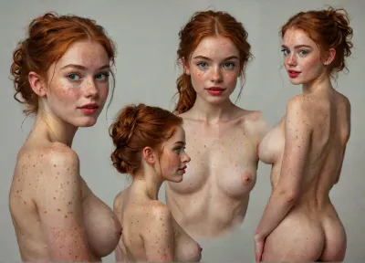 ASSIGNMENT, Create an award-winning model sheet of a beautiful cute 18-year-old ginger woman nude, BREAK.

CLOTHING, naked, pearl stud earrings, BREAK.

BODY, beautiful 18-year-old woman, short, creamy pale skin, lots of freckles especially below eyes and on chest, lots of prominent freckles, pixie-ish, slender, very busty, medium natural breasts, D cup, natural breasts, detailed natural breasts, very hairy bush, ginger bush, firm ass, detailed realistic skin with pores and hair follicles, perfect hands, handslora, BREAK.

FACE, adorable beautiful 18-year-old coed, (detailed youthful cute pixie-ish heart-shaped face), smiling, (beautiful, welcoming smile), (mischievous green eyes), (pert nose), (light makeup and red lipstick), (pale skin), (lots of prominent freckles), big expressive eyes, (eye contact), long eyelashes, BREAK.

HAIR, bright orange-red hair, ginger hair, hair up in tight French up-do, detailed hair, BREAK.

LOCATION, neutral background, BREAK.

POSE, standing, multiple views of the same character, model sheet, (front view, side view, rear view), BREAK.

AESTHETIC, score_9, score_8_up, score_7_up, solo, cinematic, 8K, hyper realistic, sexy as hell, BREAK.

TEMPLATES, multiple, views, of, the, same, character, model, sheet, but, freckles, luisap, birth, mark, <lora:Model_Sheet_Xl:.5>, <lora:MJ52:2>, <lora:add-detail-xl:2>, <lora:BUT_SDXL_SHS:1.3>, <lora:LPFRECKLES_lora:.5>