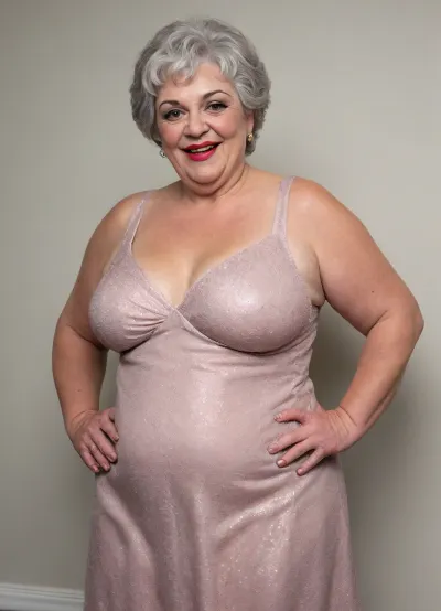 70 year old woman, ((((obese)))), (((large breasts))), (((((((party dress))))))), (((wrinkles))), top of body, ((((((ugly)))))), smiling, ((())), ((((((makeup)))))), (((((()))))), grey hair, pixie cut
