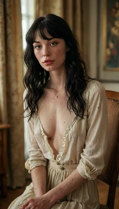 ((Slender pale busty Swedish woman with wavy long black hair with curtain bangs and freckles and natural breasts seductively posing on a chair)), (medium c cup breasts), unbuttoned men’s shirt, ((high details, highly detailed beautiful face, highly detailed hair)), ((Skinny)), ((medium shot)), gold necklace and earrings, bad_prompt_version2, supermodel, face, big, lips, negativeXL_D, braless, Wearing, clothes, that, make, sense, with, Braless>, <lora:Beautify-Supermodel-SDXL:.7>, <lora:MJ52:2>, <lora:add-detail-xl:2>, <lora:bralessSDXL_v1_00022:1.4>