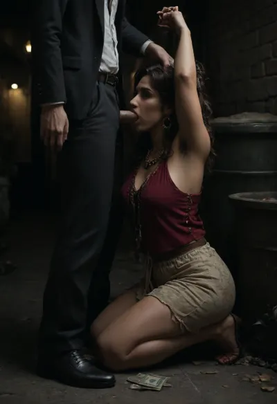 A 40 year old gypsy homeless woman sucks a tall man’s dick behind a dumpster in a shady alley. Night time. She is wearing sleeveless dirty gypsy clothes., (mature woman:1.2), (gypsy woman in dirty shabby clothes:1.4), (her arms up), (Hairy armpits:1.2), . Side view., (Kneeling Blowjob:1), (full body view), (woman kneeling), (man standing), (man is wearing a coat, suit pants and shoes), . Dark shadows. Dimly lit. Secretly in shadows., dirty City alley., cobblestone road, (man’s head is out of frame), (man is holding money in hand:1.2), dirty surface, trash on floor., (Garbage bin nearby), <lora:dark:.2>, (warm light coming from a nearby window)