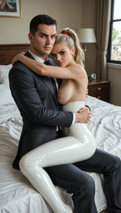 Luxury modern bedroom, big window in background, Wide view of room, view from distance, (((1muscular angry 22yo Italian male in suit is sitting on bed, beside the sexy lady hugging the lady))), 25 year old lady, The tiny petite blonde lady in sexy latex leggings, midriff showing, topless, blonde hair in high ponytail, glaring at me with a cruel expression, stern, heartless, cold eyes, full view of lady, man has big fully erect cock. 9-inch cock, Veiny cock, big testicles, lady is holding man's cock, handjob, looking directly at me, eye-contact, romantic_couple_poses, looking, at, viewer, Living, Room, <lora:looking_at_viewer:.8>, latex, matte, shiny, inflatable, <lora:shinylatex-merged:.8>