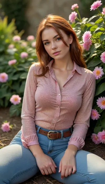 (REIQ), auburn hair, skin texture, tan, freckles, sweaty, 20 years old, fresh, hair slicked back, innocent, round face, beautiful, pretty, cute, petite body, adorable, shy, soft rounded body, surrounded by flowers, laying flat on the ground in an English country garden, illuminated by golden sunset light, (((blouse and jeans))), fully clothed, photo, portrait, covered on yellow and pink petals, <lora:BUT_SDXL_SHS:2>, <lora:real-humans-PublicPrompts:1.7>, <lora:Venus_Body_Alpha:1.3>, xxxl wide hips, <lora:Detailed_female_hands-000001:1.5>